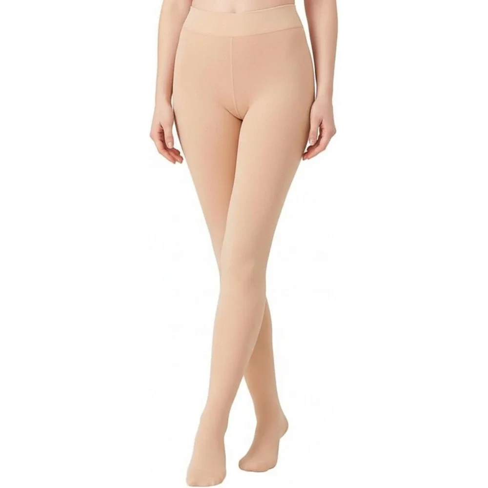 Womens Fleece Lined Tights Fake Translucent Thermal Winter Leggings Nude Beige